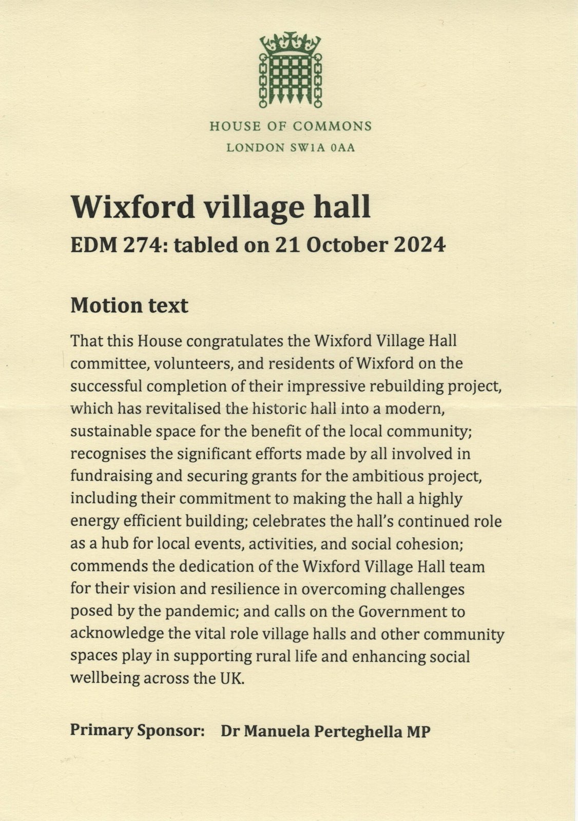 Wixford Village Hall UK Parliament Early Day Motion